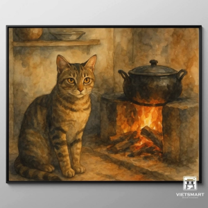 Tranh Nghệ thuật "Chú Mèo Mướp Bên Bếp Lửa" VIETSMART ART - Lụa 60 x 70cm