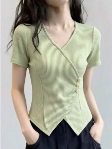 AIYITI | Unique Pretty Green V-Neck Oversized Womens T-Shirt