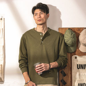 เสื้อทีเชิ้ตแขนสั้นผู้ชายเสื้อทีเชิ้ตแขนสั้นสไตล์อเมริกันแนววินเทจสำหรับผู้ชายเสื้อทีเชิ้ตผ้าฝ้ายแท้คอปกเฮนรีแบบแข็ง