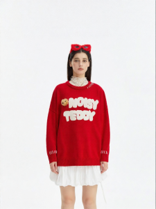 New Cute Bear Graphic Letter Print Loose Fit Womens Wool Sweater