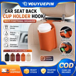 YOUYUEPIN Universal Car Headrest Hook Cup Holder Premium PU Leather Drink Bottle Hanger Organizer Multi-Purpose Trash Bin Storage Pouch