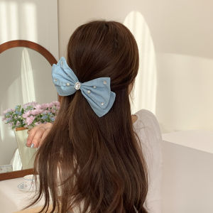 French Vintage Pearl Embellished Denim Butterfly Knot Hair Clip High-End Feeling Top Bun Spring Clamp Hair Accessories