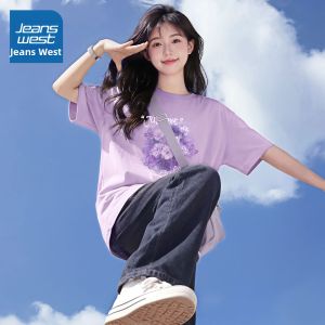 Jeanswest | Áo Thun Nữ Tay Ngắn Cotton 100% Dáng Rộng Màu Tím Mùa Hè