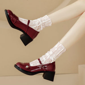 ⚡Amandad Stores⚡รองเท้าแมรี่เจนสตรีรุ่นใหม่ รองเท้าส้นสูงเบอร์กันดี ส้นหนา ประดับมุก สูง 6 ซม. เดินสบายเท้า