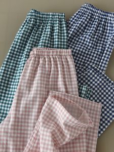 Color Woven Plaid Double Layer Cloud Cotton Gauze Side Seamless Sleep Pants Home Leisure Long Pants Womens Summer Comfortable
