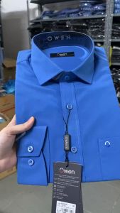 OWEN SALE - Áo Sơ Mi Owen Tay Dài Màu Sea Blue  Họa Tiết Trơn Form Regular Fit Lai Bầu Chính Hãng