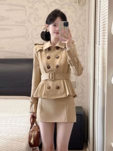 Kaki Color Double Buttoned Jacket And Mini Skirt Set Fashionable Elegant Sister Style Two Piece Suit for Early Autumn