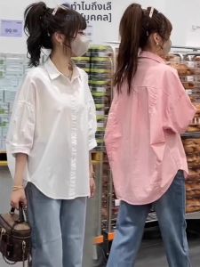 Shalldoer | Áo Sơ Mi Nữ Cổ Tròn Tay 3/4 Cotton Trắng