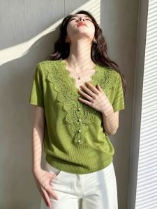 Lace V-neck Short Sleeve Silky Shirt