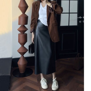 High Waist PU Leather Skirt Womens Autumn Winter New Style Mid-Length Straight Cut One-Step Back Split Half-length Skirt