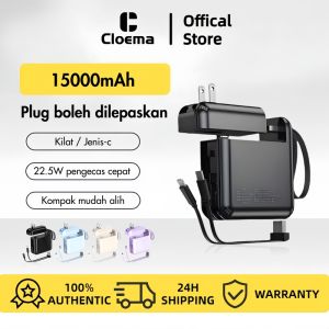 Cloema Multi functional power bank 15000mah with Type-C Lightning 2 Cables AC Socket UsbType-C Port 3-in-1 Portable Outdoor
