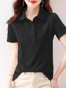 plus Size Womens Summer Cotton Polo Neck Short Sleeve T-Shirt Korean Style Slim Fit Casual Commute Fashion Loose Type Top
