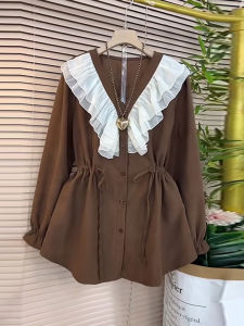 plus Size Womens Shirt V-Neck Bell Sleeve Waist-Cinching Long Sleeve Korean Style Autumn Collection Solid Color Commute Simple