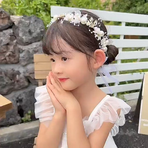 Pengantin Crown for Kids Girls Cute Flower Lace Pearl Ribbon Headband Hair Garland Accessories