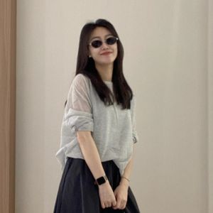 VKSOD | Korean Style Grey Thin Long Sleeve Sun Protection T-Shirt Womens Summer Fashion Black Mini Skirt Two-Piece Set Round Neckline