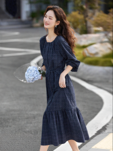 Vimly | Đầm Dáng A Dây Chéo Phong Cách Cô Gái Rừng Màu Xanh Kẻ Caro Cổ Tròn Đính Nút Slim Waist
