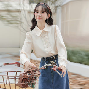French Style Long Sleeve Babydoll Collar Chiffon Shirt Women Casual Age-Defying Top Wooden Edge Design Straight Cut Polyester Fiber