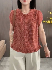 QINGNAER | Red Gingham Flounced Sleeves Slim Fit Versatile Lace Collar Shirt