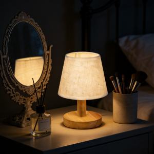 1PC Minimalist Wooden Table Lamp with Linen Shade Simple Round Base Bedside Lamp for Bedroom Living Room