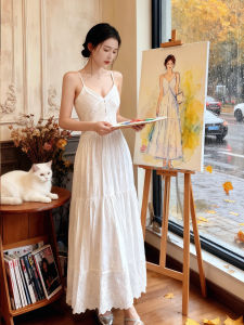 XUECAIQI | Korean Style Gray Cardigan with Lace Hollow-out Tank Dress Two-Piece Set