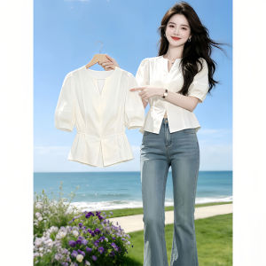 Shalldoer | Elegant White Slim Fit Shirt Short Puff Sleeves Waist-Cinching Collared Top