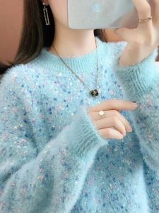 เสื้อสเวตเตอร์ถักคอตตอนผสมขนกระต่ายสไตล์เกาหลีสำหรับผู้หญิง ฤดูใบไม้ร่วง/ฤดูหนาว เสื้อชั้นในสั้น ทรงหลวม แขนยาว ปกติ