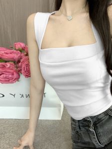 Short Sling Tank Top Womens No Sleeve Cotton Polyurethane Elastic Fiber Short Length Easiest for Match Pure Color Slim Fit