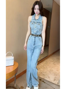 High Waist Straight Leg One Piece Denim Jumpsuit Womens Sleeveless Slimming Summer New Fashion Hong Kong Style Floor Length