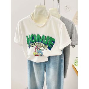เสื้อยืดคอตุ่มแขนสั้นโมดอลลายตัวอักษรสัตว์ตัวต่อแฟชั่นสำหรับผู้หญิง ทรงหลวม ผ้าฝ้ายผสมโพลีเอสเตอร์ ฤดูร้อน 2024