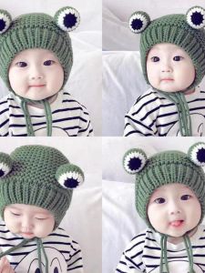 Baby Frog Woolen Cap Boys and Girls Fall and Winter Super Cute Warm Hat Hand Knitted Strap Fleece-Lined Woolen Hat Woolen Cap Knitted Hat