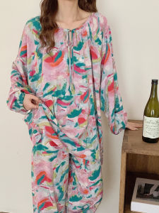 ชุดนอนผู้หญิงฤดูร้อน แขนยาว กางเกงขายาว ระบายอากาศได้ดี ป้องกันยุง ชุดอยู่บ้าน 2 ชิ้น ลำลอง ระบายอากาศได้ดี ผ้าฝ้ายไหม