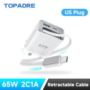 EU plug 65W GaN PD3.1 Fast Charger With Retractable Cable 3-Port Type-C + USB-A Travel Adapter For IPhone Laptops Galaxy