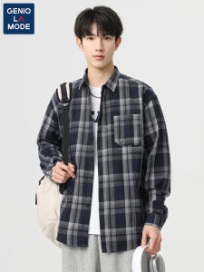 Genio Lamode Plaid Shirt Mens Long Sleeve Casual Spring Autumn Loose Fit Breathable Polyester Cotton Linen Blend Shirt