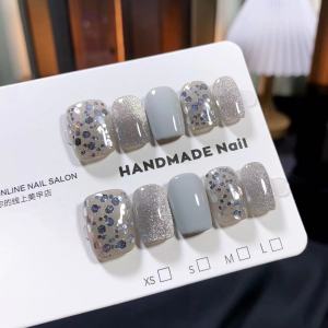 Handmade Cat Eye Wearable Nail Tips Grey Shiny Sequins French Style Nail Art False Nails Tips with Glue for Women