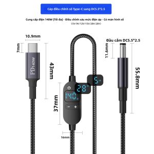 DoRux | Dây Chuyển Đổi Type-C sang DC 140W PD Sạc Nhanh 5V/9V/12V/15V/20V/28V Điều Chỉnh Điện Áp