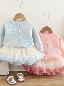 Girls Knitted Cardigan Sweater with Mesh Puffy Skirt Princess Style Long Sleeve round Neck Other Material 100% Autumn Winter New Arrival
