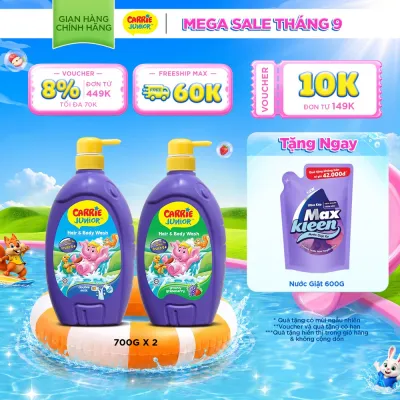 Combo 2 chai Sữa Tắm Gội cho bé Carrie Junior chiết xuất trái cây thiên nhiên 700g/chai: 1 Hương Grapeberry + 1 Tinh Chất Sữa