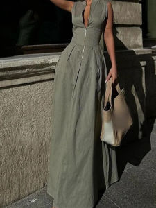 Summer Women Solid Zipper Pocket Long Vestidos Elegant Off Shoulder O-neck Pleated High Waist Dress Female Chic Casual Robe