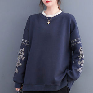 New Chinese Style Womens Hoodie Sweatshirt Spring Autumn Large Size Moms Clothing Embroidered Lace Long Sleeve Thickened