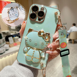 เคสโทรศัพท์แฟชั่นสุดหรูสี Hello Kittyเคสนิ่มสำหรับ Samsung A20S / A21S / A22 / A23 / A24 / A30 / A20 / A31 / A32 / A33 / A34 / A42 / A50 / A50S / A30S ตัวยึดกระจกเงารูปการ์ตูนน่ารักกันกระแทกกล้อง + สายคล้อง