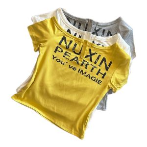 GUZILIAN | American Retro Grey Asymmetrical Shoulder Short Sleeve T-shirt Womens Summer Spicy Girl Tight Waist Letter Print Short Top