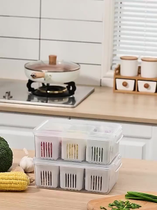 4 Grids Refrigerator Food Vegetable Fruit Storage Box/ Kitchen Chopped Green Onion Drain Divided Container