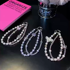 Ins Style Rhinestone Bowknot Double Pearl Crystal Phone Charm Multifunctional Luxury Car Hanging Decor Chain