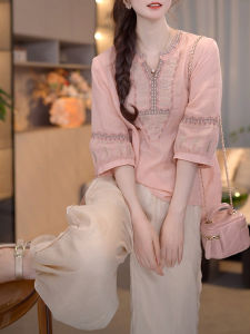 Shalldoer | Bộ đồ hai mảnh chống nắng mùa hè cho nữ Áo sơ mi cổ chữ V Quần ống rộng cạp cao Túi xách thời trang mùa hè