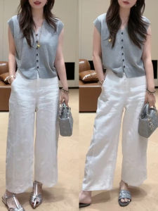 Shalldoer | Korean Style Beautiful Summer Set Womens Sleeveless Knitted Top Casual White Long Pants Two-Piece Suit V-Neck Short Sleeve