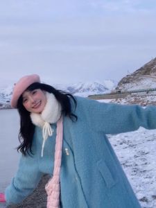 Sweet Blue Woolen Coat Women Winter Thickened Cotton Plaid Collar Medium Length Woolen Outerwear Casual Loose Fit Long Sleeve