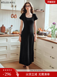 OLrain French Hepburn Style Womens Dress Summer Square Collar A-Line Skirt Slimming Black Dress Elegant Lady Commute Dress