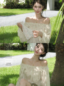 THROUS | Áo Blouse Dots Flared Tay Phồng Off-Shoulder