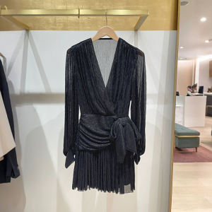 Elegant French Style Short Dress with Bright Thread Waist Cinching Butterfly Knot Lantern Sleeve Autumn Winter Fashion Dress