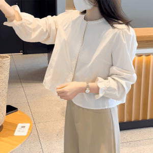 French Ruffle Collar White Shirt Short Thin Doll Shirt Pure Color Womens Top Loose Fit Button Detail Bubble Sleeve Long Sleeve